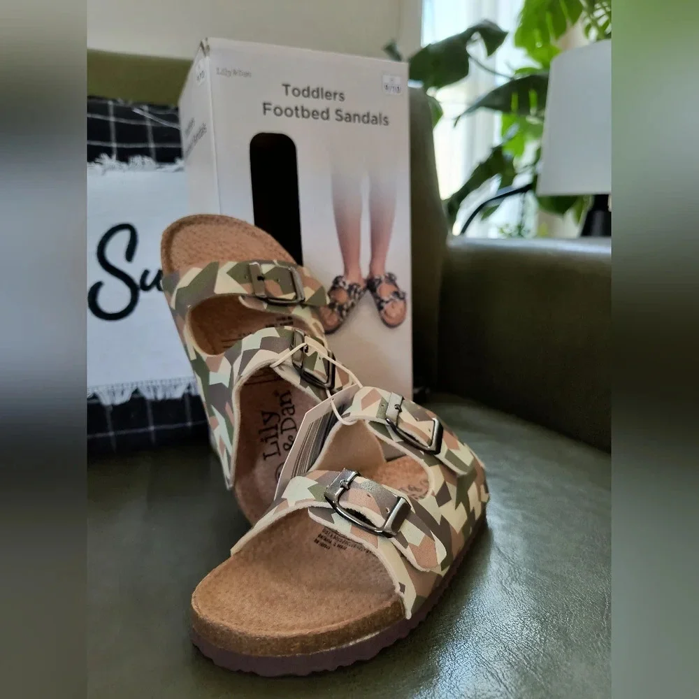 Cream tan brown green Birkenstock style sandals kids camouflage style pattern